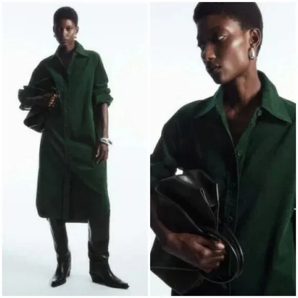 cos green cord dress COS Women's Corduroy Mini Shirt Dress in Green | Cotton